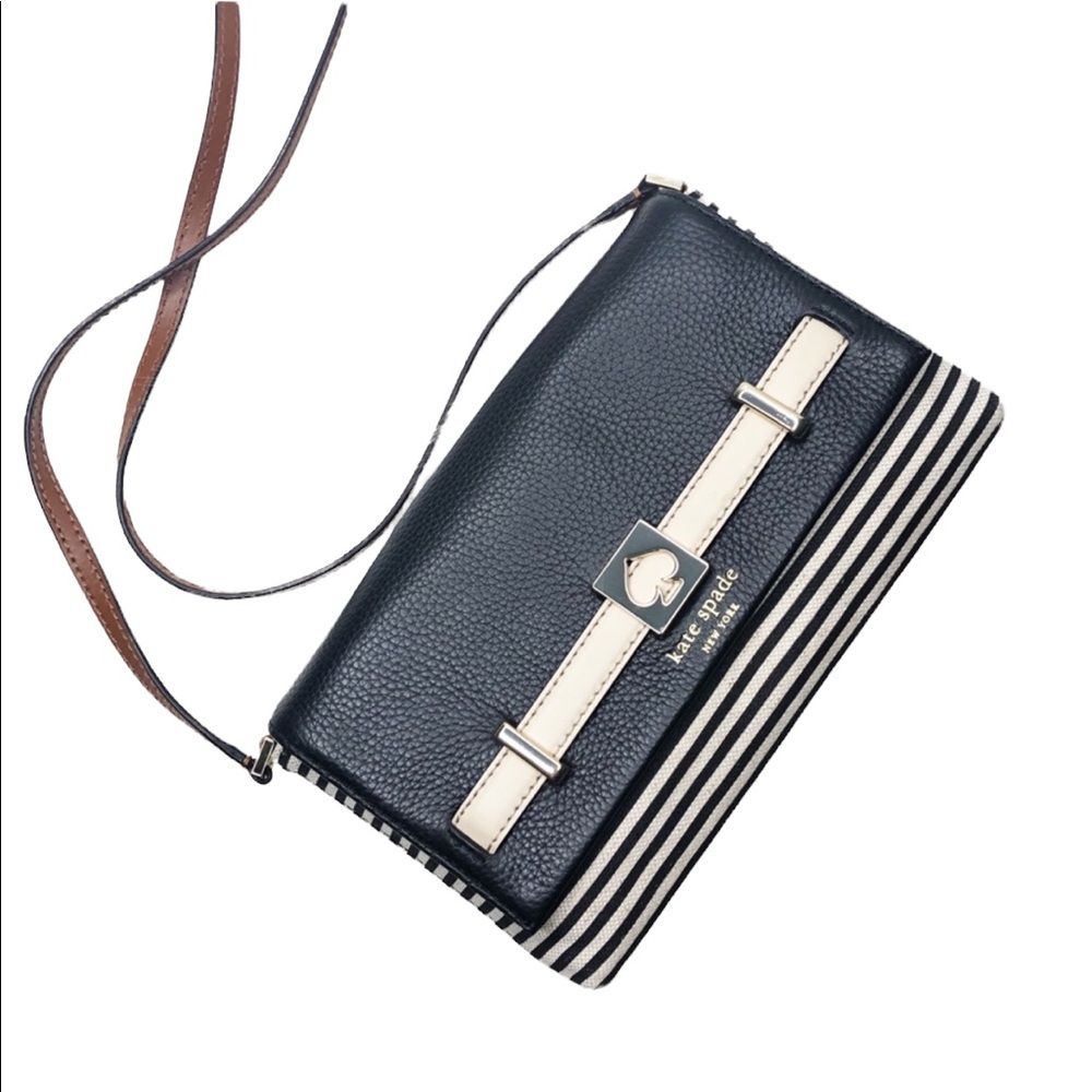 New KATE SPADE Striped Canvas Leather Crossbody Black White Cream